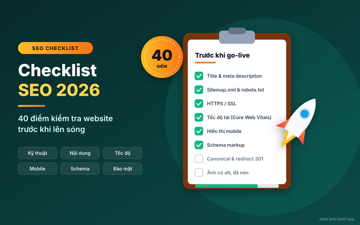 Checklist SEO 2026: 40 điểm kiểm tra website trước khi lên sóng