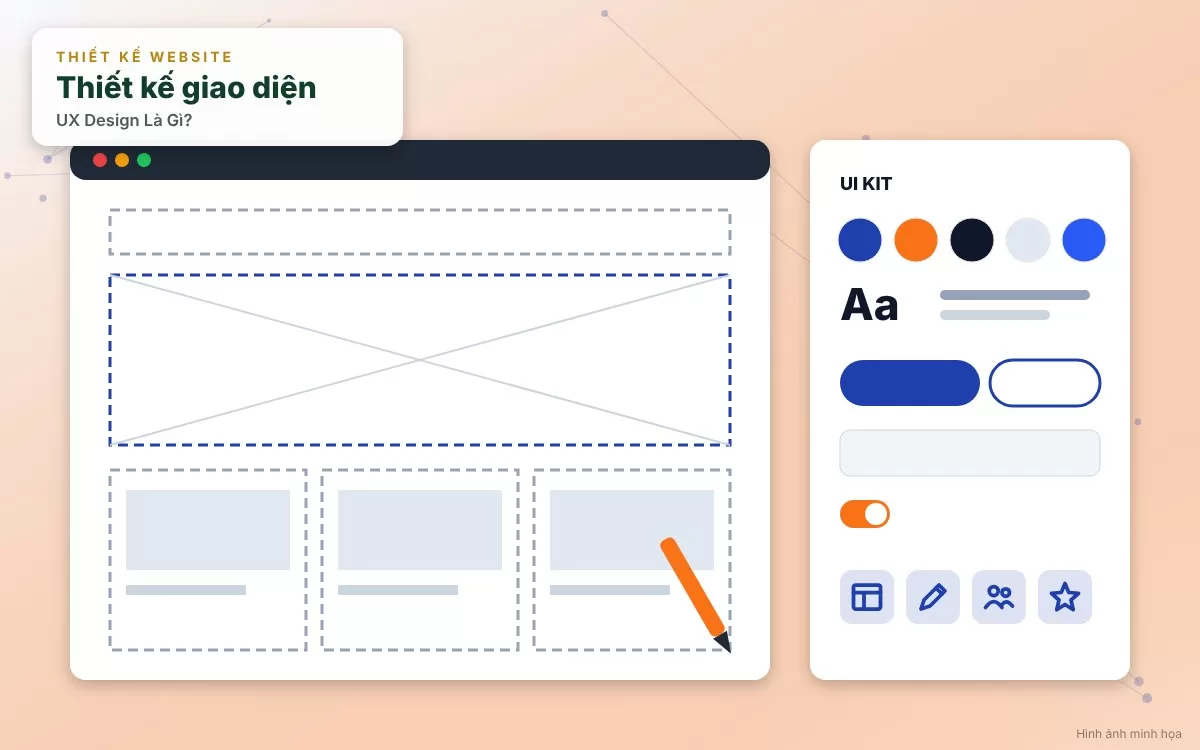 Minh họa công việc của một UI Designer tập trung vào màu sắc, nút bấm và đồ họa trực quan