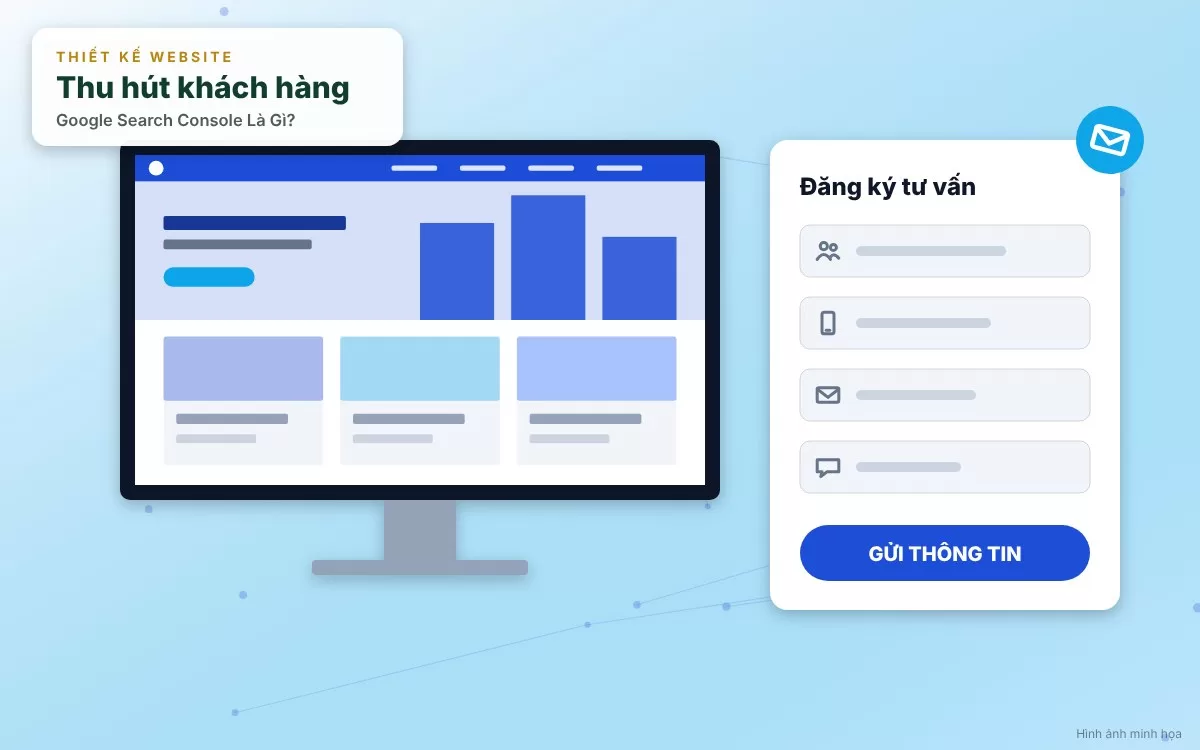 Đồ họa mô phỏng phân tích các chỉ số Clicks, Impressions, CTR và Position trong tab Performance