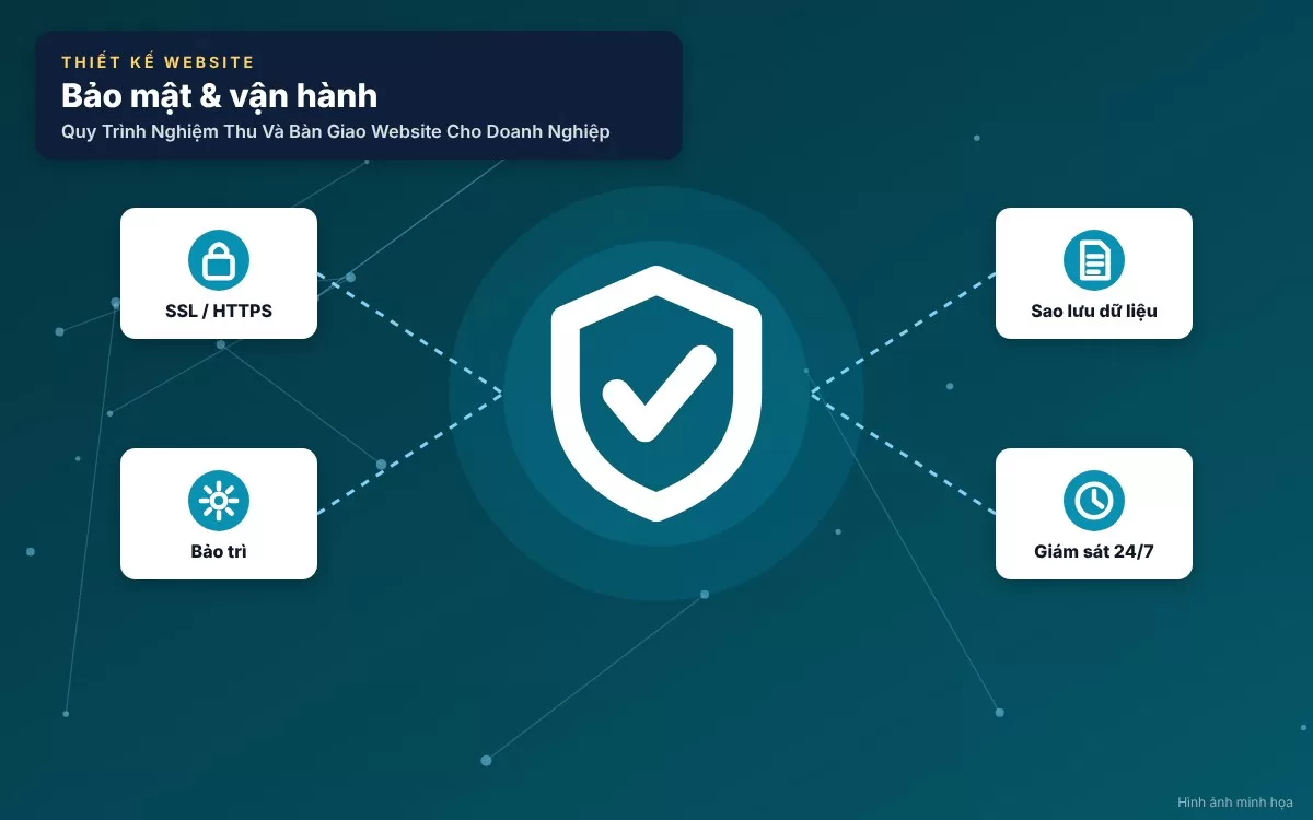 Sơ đồ infographic giải thích vai trò cốt lõi của quy trình nghiệm thu website đối với sự an toàn của doanh nghiệp