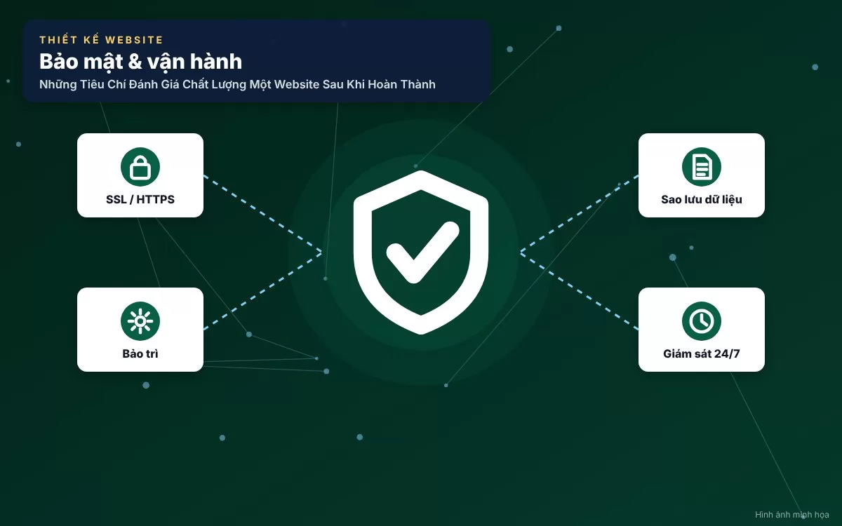 Hình ảnh minh họa hệ thống kiểm tra chứng chỉ bảo mật SSL và cơ chế sao lưu dữ liệu tự động cho website