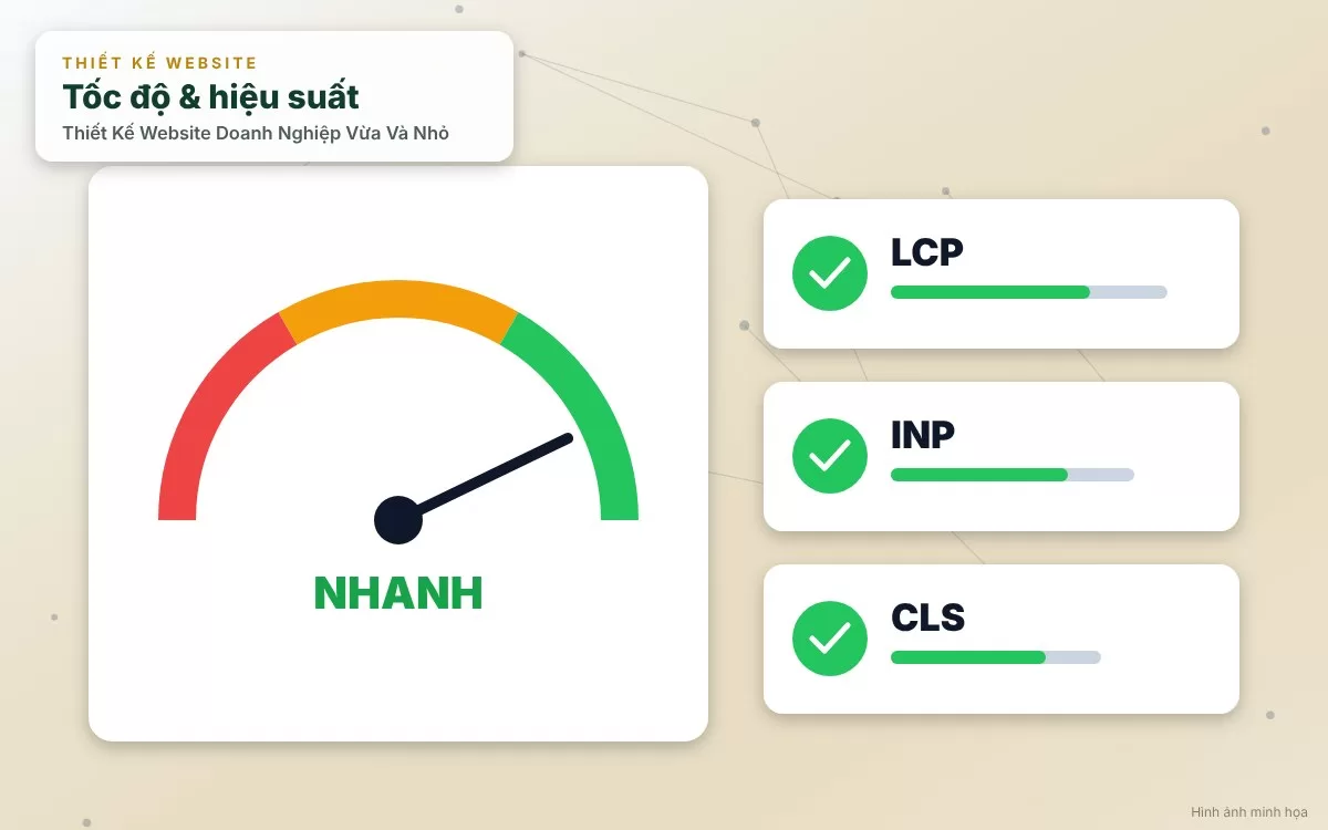 Đồ họa mô phỏng quá trình tối ưu hóa chuẩn SEO kỹ thuật và tốc độ tải trang cho website doanh nghiệp SMBs