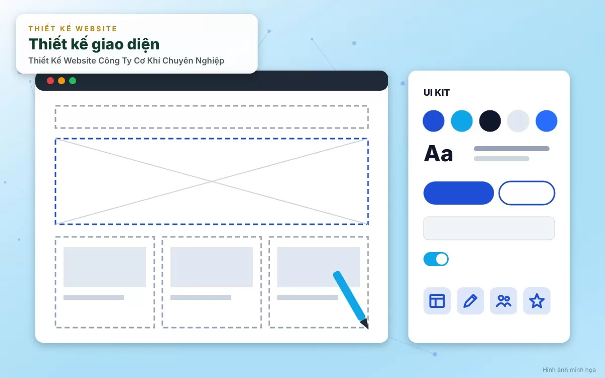 Minh họa giao diện trang web cơ khí thể hiện rõ ràng các thông số dung sai kỹ thuật và máy móc CNC thực tế