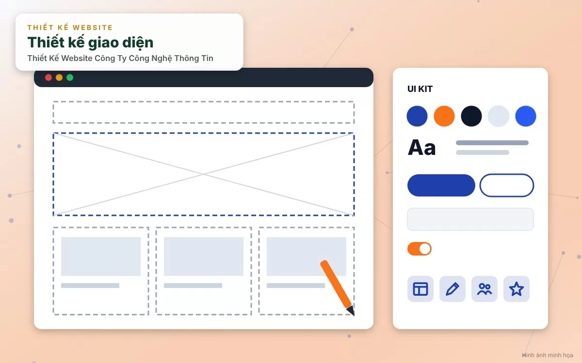 Minh họa giao diện trang web công ty CNTT mang phong cách công nghệ cao, hiện đại và tương lai