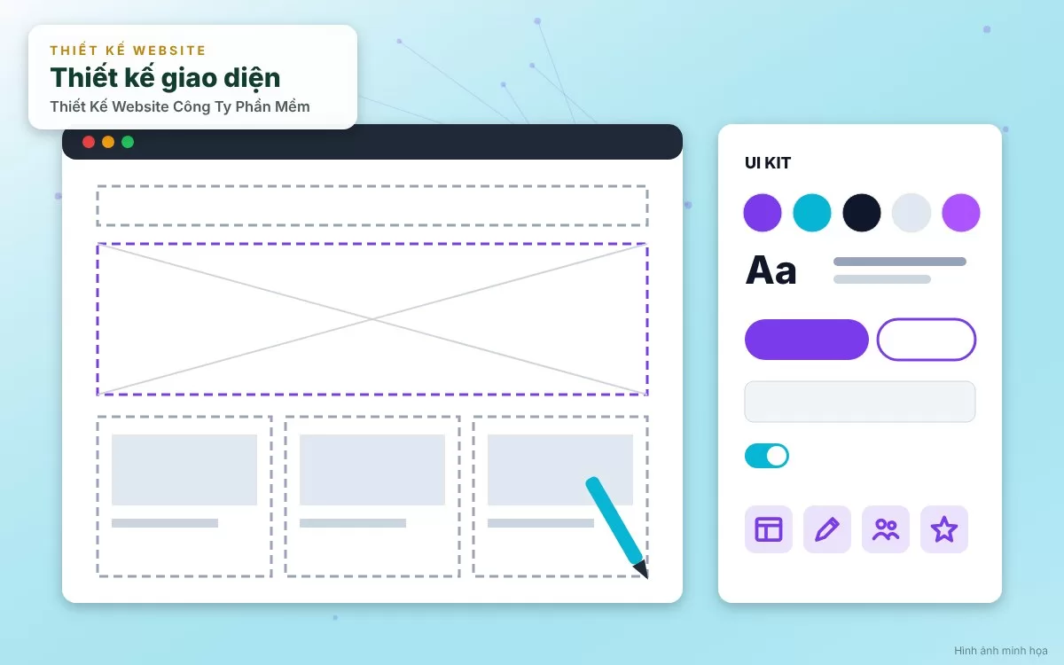 Minh họa giao diện trang web công ty phần mềm mang phong cách công nghệ cao, hiện đại và chuẩn mực